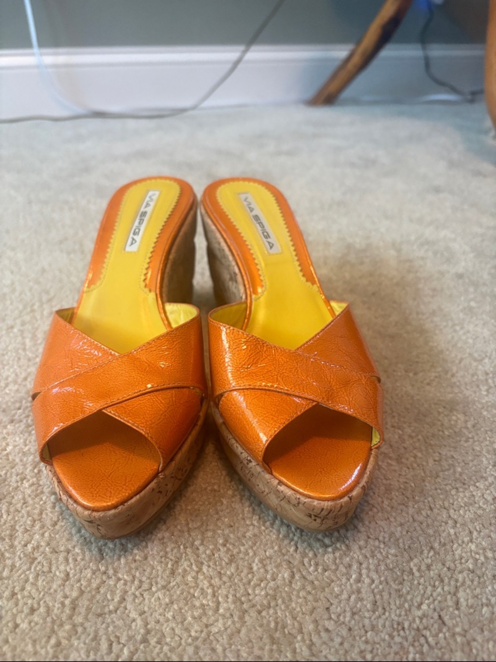 Via Spiga Orange Leather Cork Wedge Mules